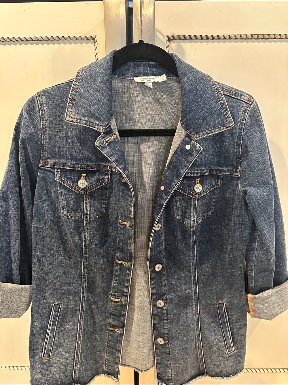 Chico's Classic Medium Blue Raw Hem Denim Jacket